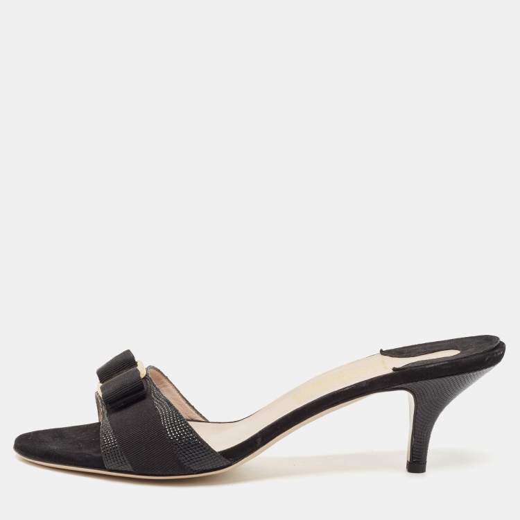 Pre Owned Salvatore Ferragamo Black Lizard Embossed Leather Vara Bow Slide Sandals Size 41