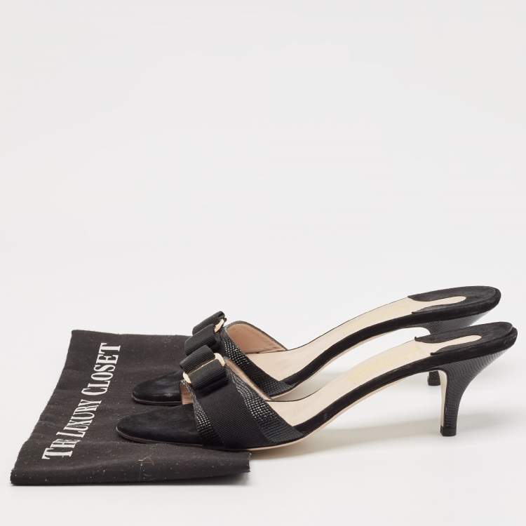 Pre Owned Salvatore Ferragamo Black Lizard Embossed Leather Vara Bow Slide Sandals Size 41