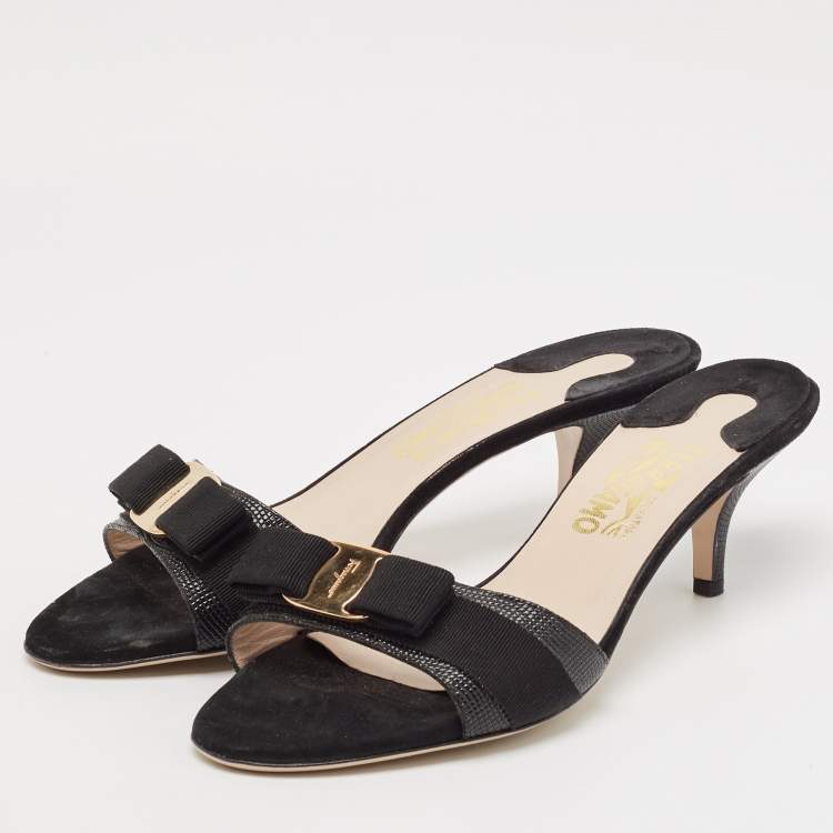 Pre Owned Salvatore Ferragamo Black Lizard Embossed Leather Vara Bow Slide Sandals Size 41