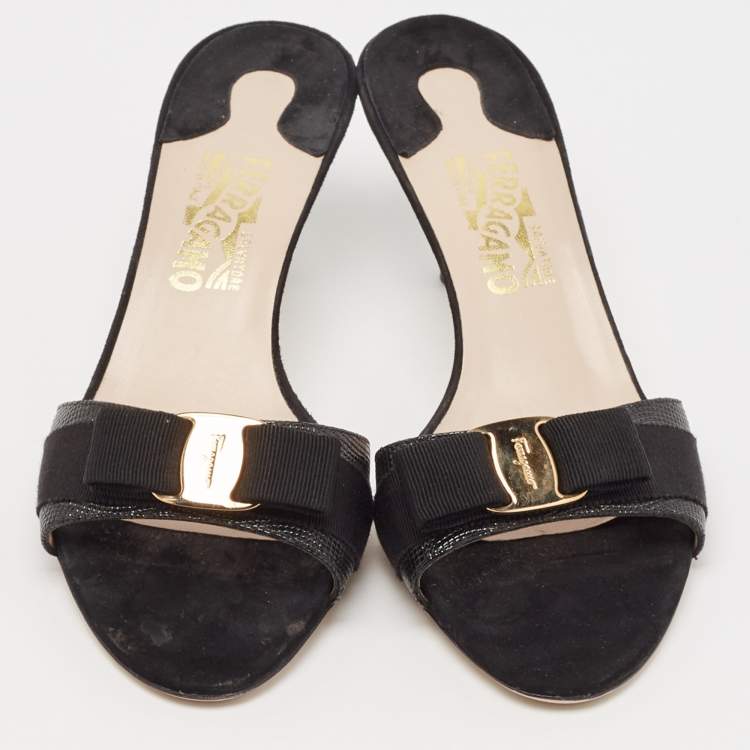 Pre Owned Salvatore Ferragamo Black Lizard Embossed Leather Vara Bow Slide Sandals Size 41
