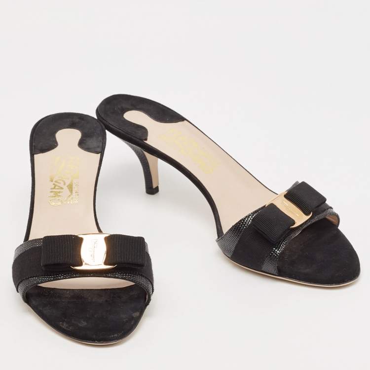 Pre Owned Salvatore Ferragamo Black Lizard Embossed Leather Vara Bow Slide Sandals Size 41