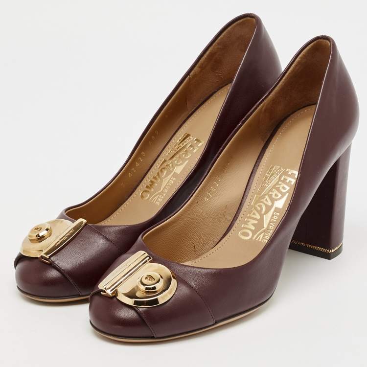 Pre Owned Salvatore Ferragamo Burgundy Leather Fiamma Block Heel Pumps Size 37