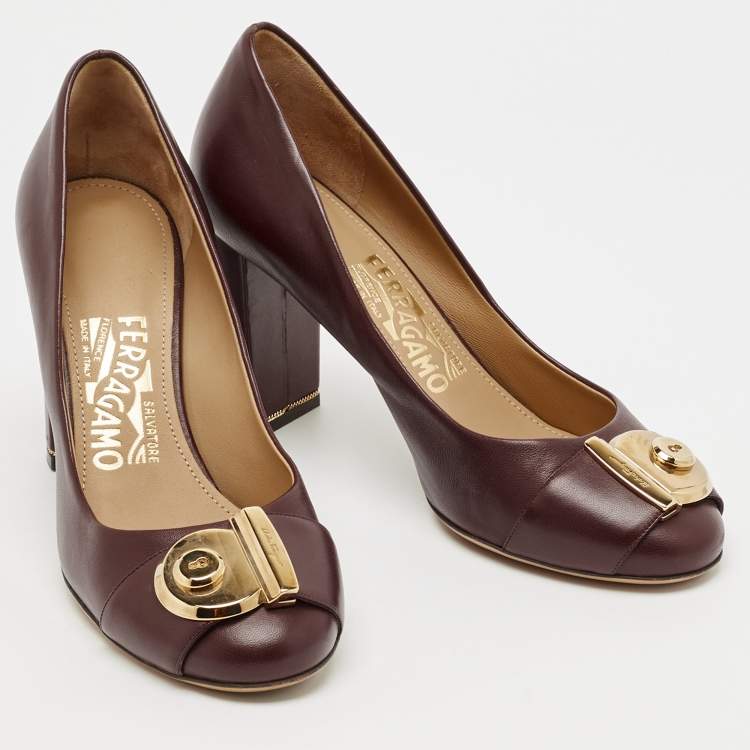 Pre Owned Salvatore Ferragamo Burgundy Leather Fiamma Block Heel Pumps Size 37