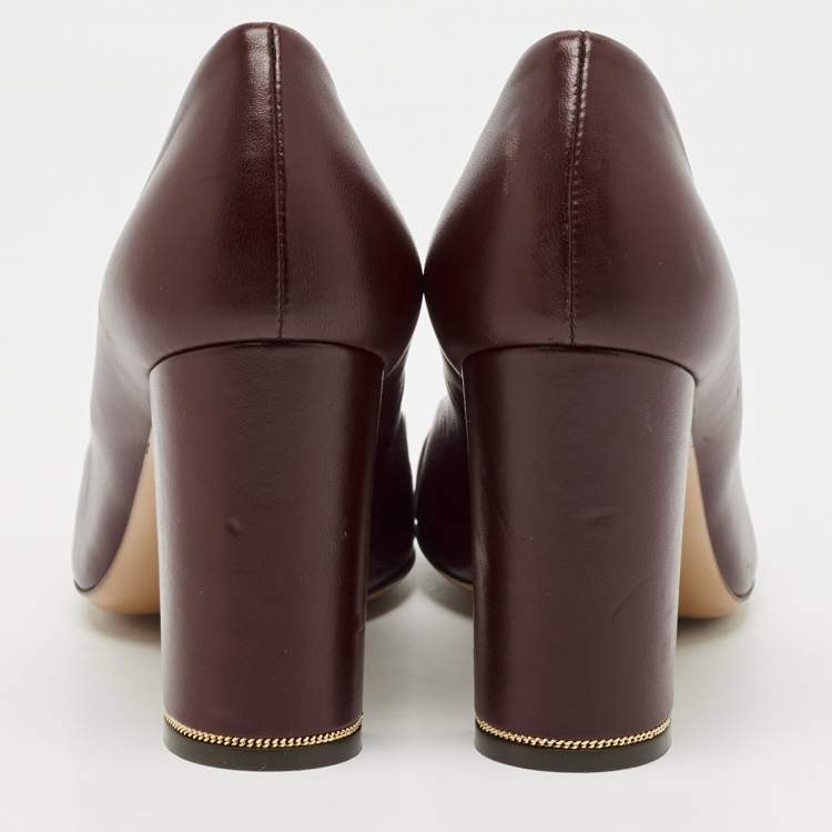 Pre Owned Salvatore Ferragamo Burgundy Leather Fiamma Block Heel Pumps Size 37