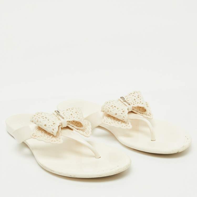 Pre Owned Salvatore Ferragamo White Jelly Bow Accents Flat Sandals Size 38.5