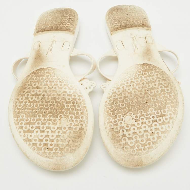Pre Owned Salvatore Ferragamo White Jelly Bow Accents Flat Sandals Size 38.5