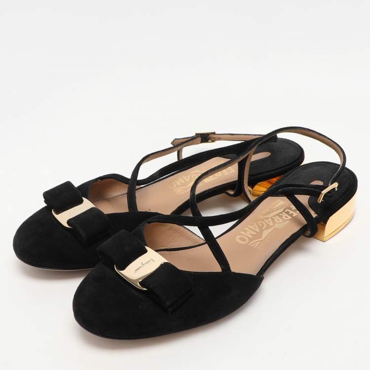 Pre Owned Salvatore Ferragamo Black Suede Vara Bow Ankle Strap Flat Sandals Size 38.5