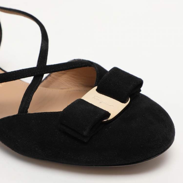Pre Owned Salvatore Ferragamo Black Suede Vara Bow Ankle Strap Flat Sandals Size 38.5
