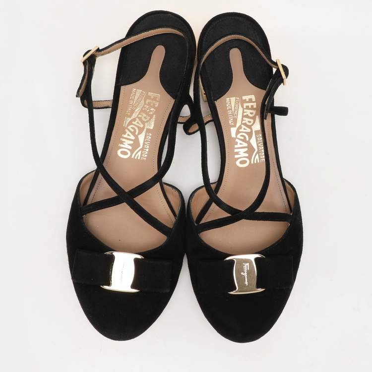 Pre Owned Salvatore Ferragamo Black Suede Vara Bow Ankle Strap Flat Sandals Size 38.5