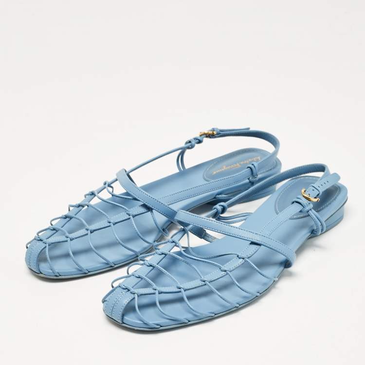 Pre Owned Salvatore Ferragamo Blue Leather Shay Flat Sandals Size 39