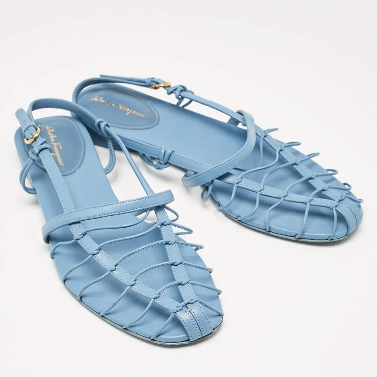 Pre Owned Salvatore Ferragamo Blue Leather Shay Flat Sandals Size 39