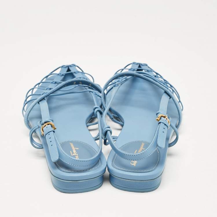 Pre Owned Salvatore Ferragamo Blue Leather Shay Flat Sandals Size 39