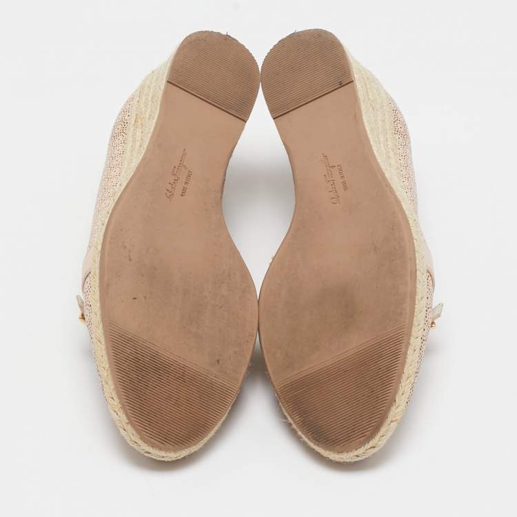 Pre Owned Salvatore Ferragamo Beige Leather Wedge Espadrille Pumps Size 39.5