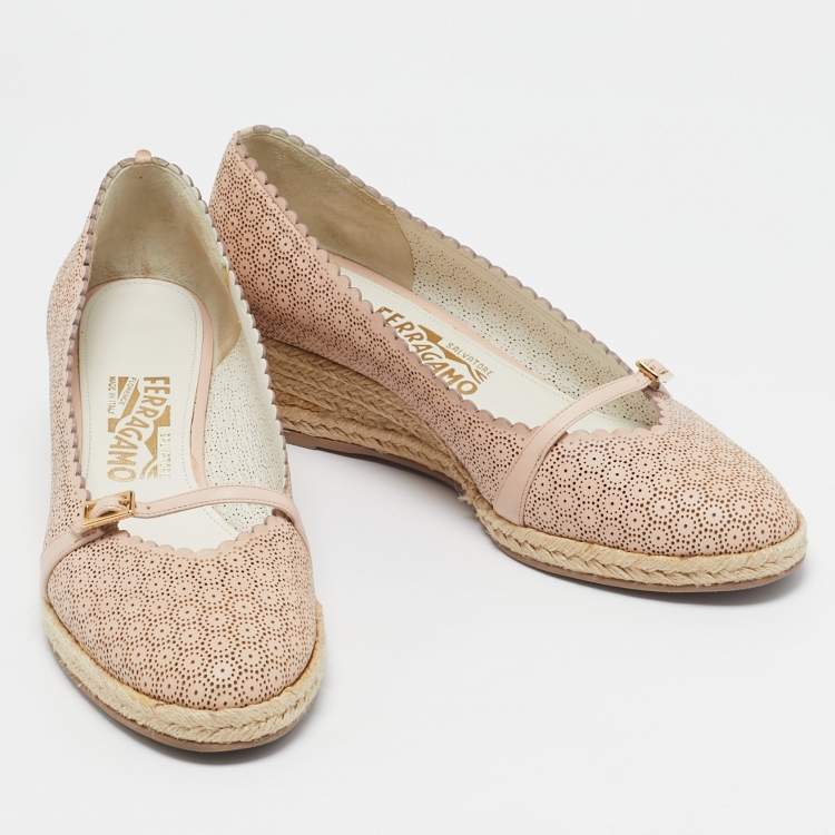 Pre Owned Salvatore Ferragamo Beige Leather Wedge Espadrille Pumps Size 39.5
