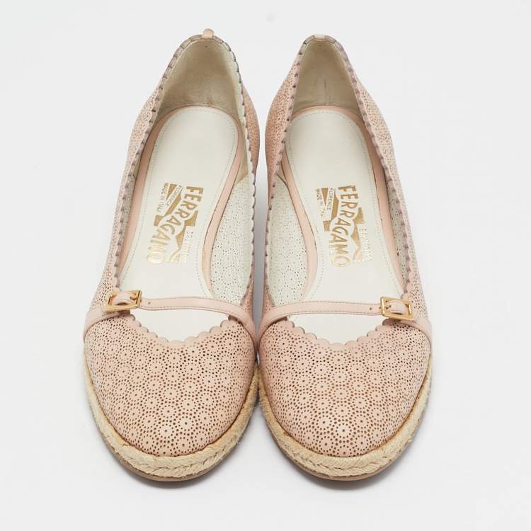 Pre Owned Salvatore Ferragamo Beige Leather Wedge Espadrille Pumps Size 39.5