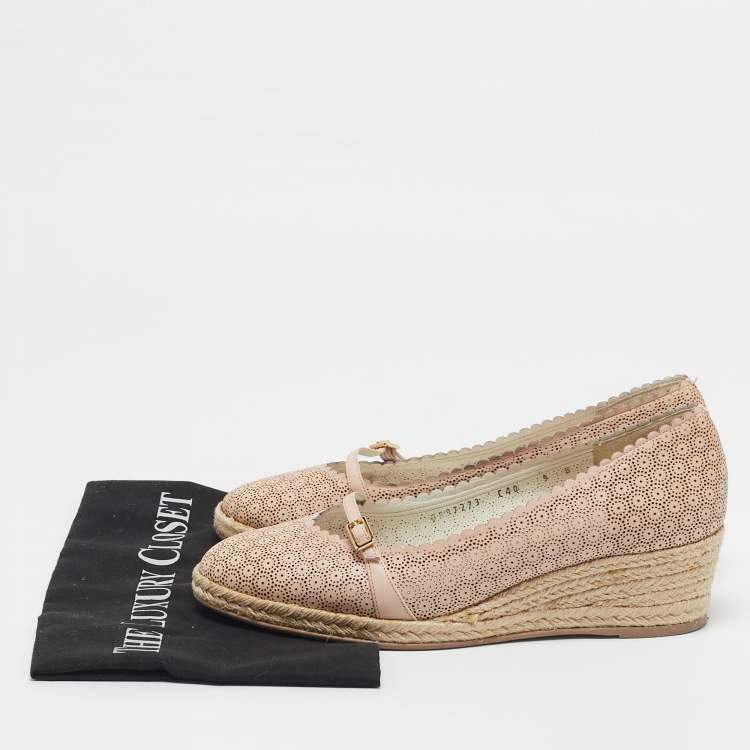 Pre Owned Salvatore Ferragamo Beige Leather Wedge Espadrille Pumps Size 39.5