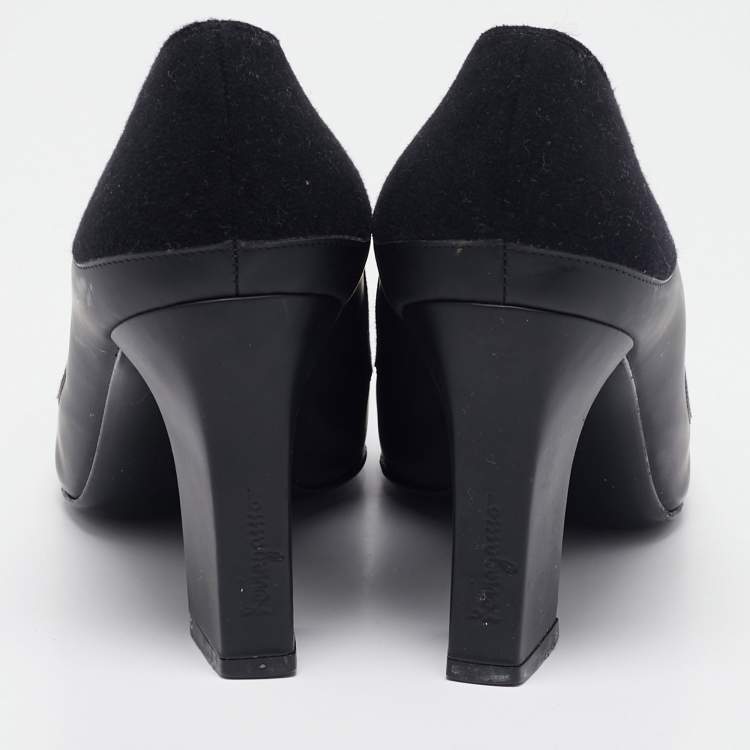Pre Owned Salvatore Ferragamo Black Leather and Wool Block Heel Pumps Size 38.5