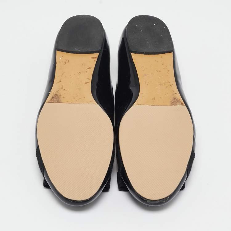 Pre Owned Salvatore Ferragamo Black Patent Leather Vara Bow Ballet Flats Size 37.5