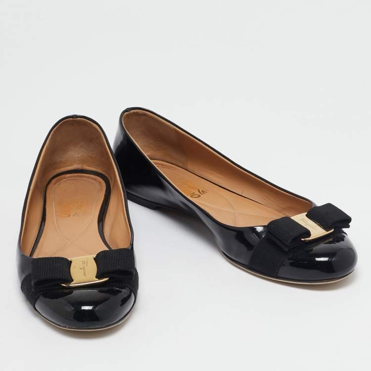 Pre Owned Salvatore Ferragamo Black Patent Leather Vara Bow Ballet Flats Size 37.5