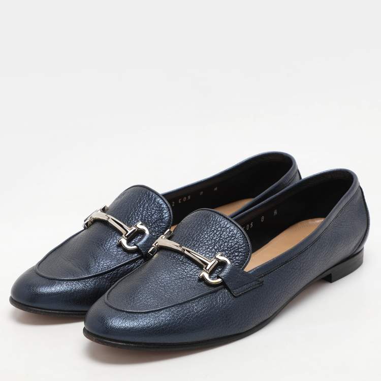 Pre Owned Salvatore Ferragamo Navy Blue Leather Loafers & Moccasins Size 38.5