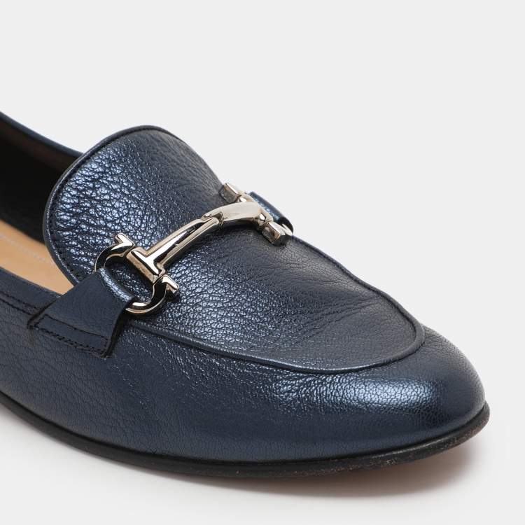 Pre Owned Salvatore Ferragamo Navy Blue Leather Loafers & Moccasins Size 38.5