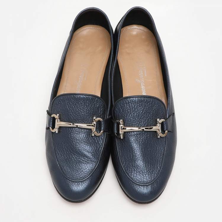 Pre Owned Salvatore Ferragamo Navy Blue Leather Loafers & Moccasins Size 38.5