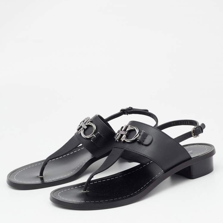 Pre Owned Salvatore Ferragamo Black Leather Thong Slingback Sandals Size 38.5