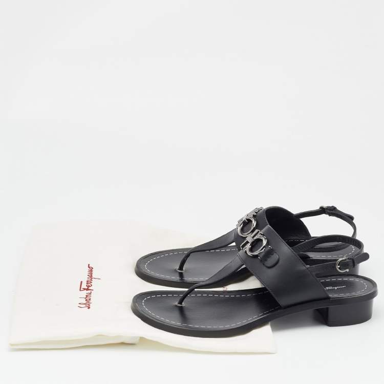 Pre Owned Salvatore Ferragamo Black Leather Thong Slingback Sandals Size 38.5