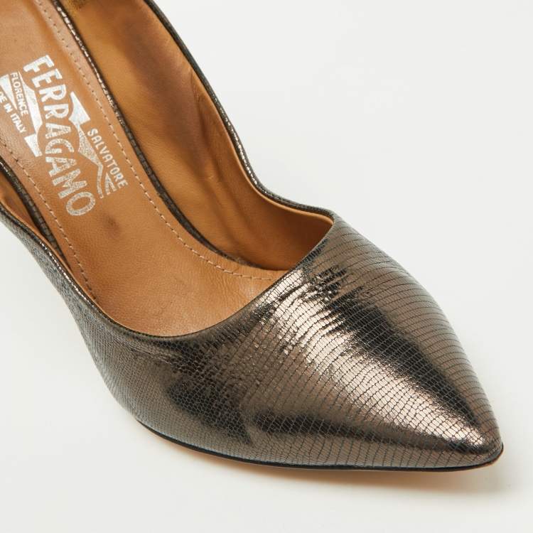 Pre Owned Salvatore Ferragamo Black Lizard Embossed Leather Pointed Toe Pumps Size 41