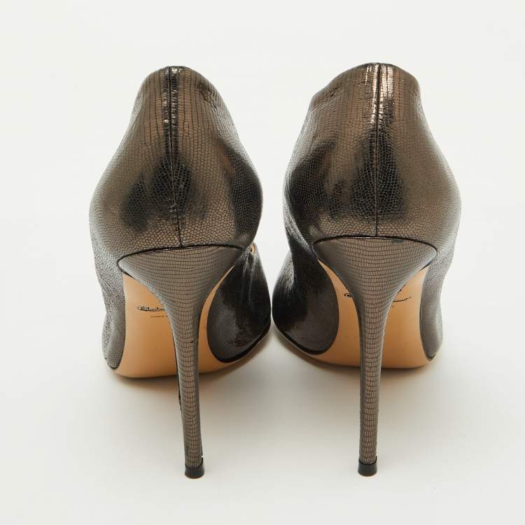 Pre Owned Salvatore Ferragamo Black Lizard Embossed Leather Pointed Toe Pumps Size 41