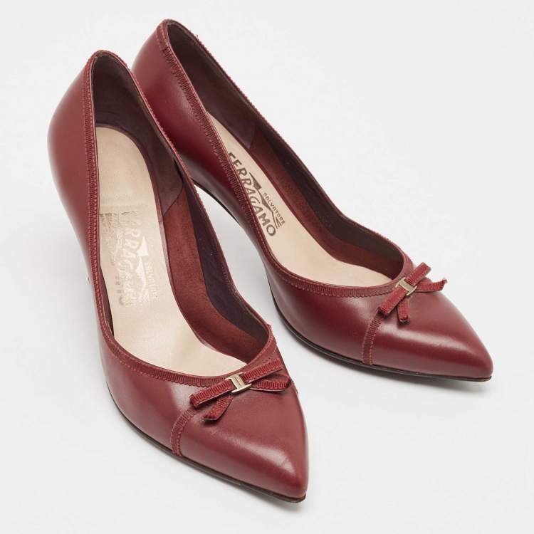 Pre Owned Salvatore Ferragamo Burgundy Leather Bow Pumps Size 38.5