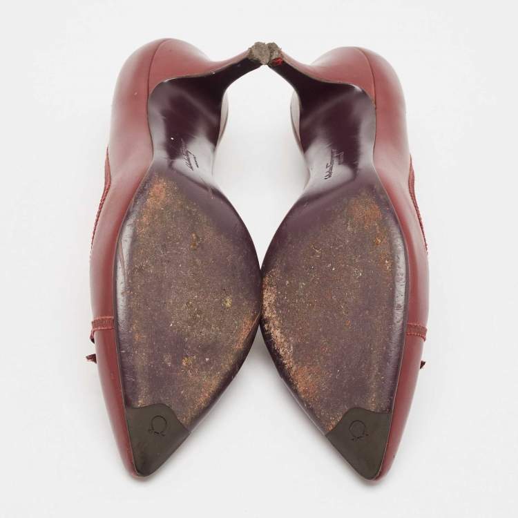 Pre Owned Salvatore Ferragamo Burgundy Leather Bow Pumps Size 38.5