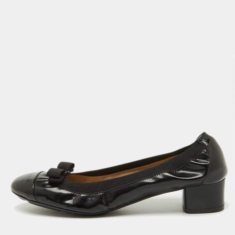 Pre Owned Salvatore Ferragamo Black Patent Leather Vara Bow Block Heel Pumps Size 39.5