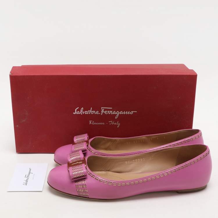Pre Owned Salvatore Ferragamo Pink Leather Vara Bow Ballet Flats Size 37.5
