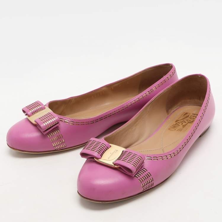 Pre Owned Salvatore Ferragamo Pink Leather Vara Bow Ballet Flats Size 37.5