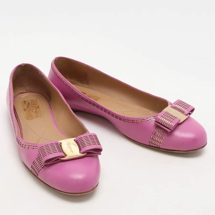 Pre Owned Salvatore Ferragamo Pink Leather Vara Bow Ballet Flats Size 37.5