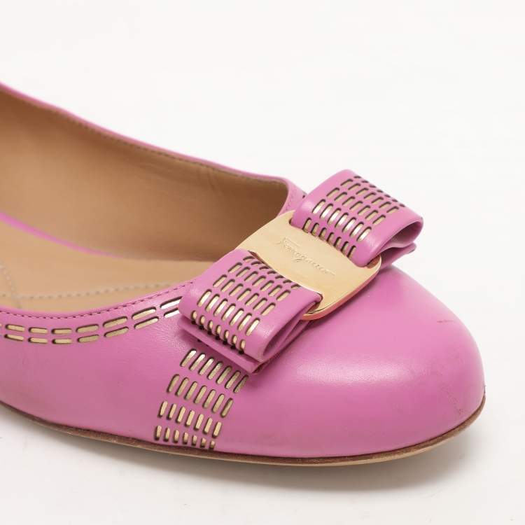 Pre Owned Salvatore Ferragamo Pink Leather Vara Bow Ballet Flats Size 37.5