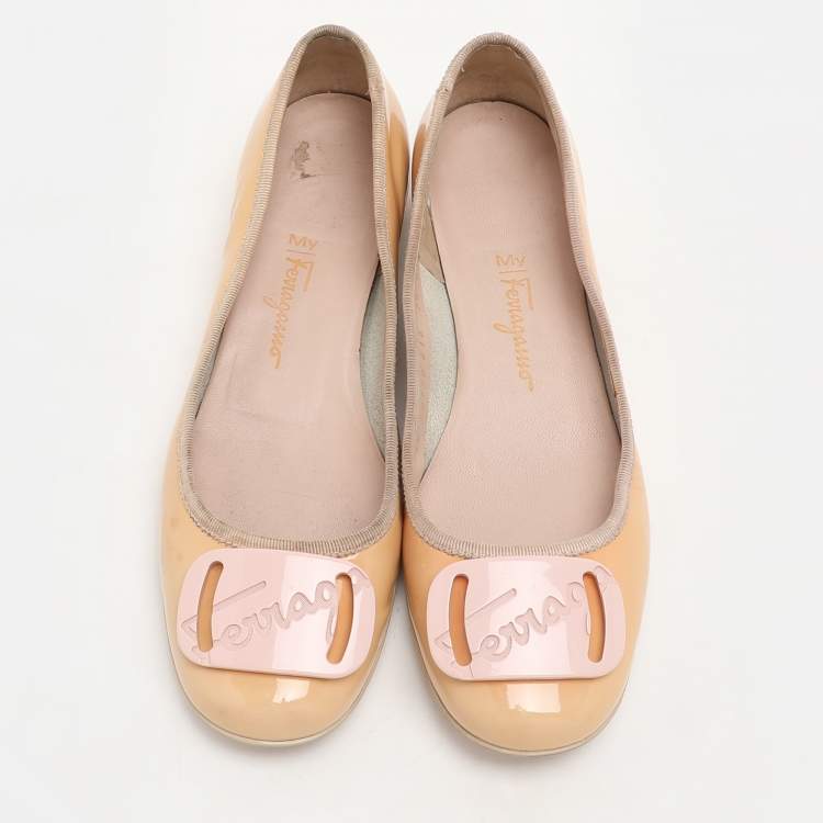 Pre Owned Salvatore Ferragamo Beige Patent Leather Embellished Ballet Flats Size 38