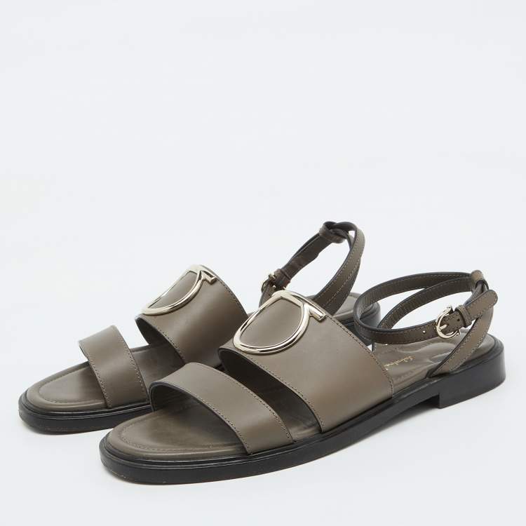Pre Owned Salvatore Ferragamo Taupe Grey Leather Ankle Strap Flat Sandals Size 38