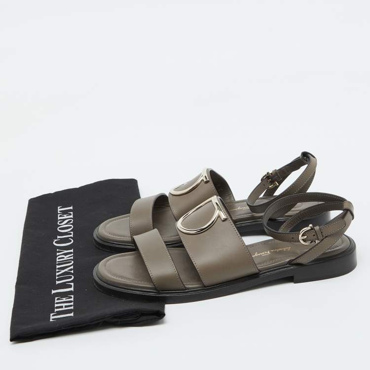 Pre Owned Salvatore Ferragamo Taupe Grey Leather Ankle Strap Flat Sandals Size 38