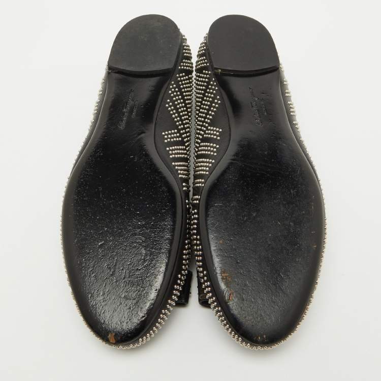 Pre Owned Salvatore Ferragamo Black Leather Studded Varina Bow Ballet Flats Size 37.5
