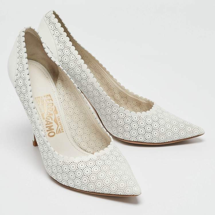 Pre Owned Salvatore Ferragamo White Laser Cut Leather Susi Pointed Toe Pumps Size 38