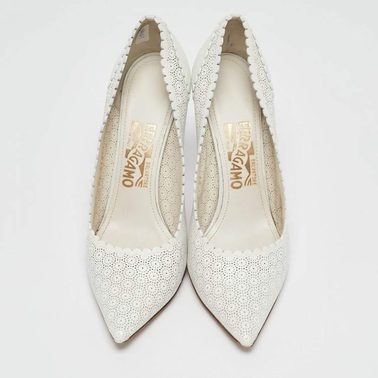 Pre Owned Salvatore Ferragamo White Laser Cut Leather Susi Pointed Toe Pumps Size 38