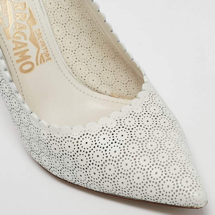 Pre Owned Salvatore Ferragamo White Laser Cut Leather Susi Pointed Toe Pumps Size 38