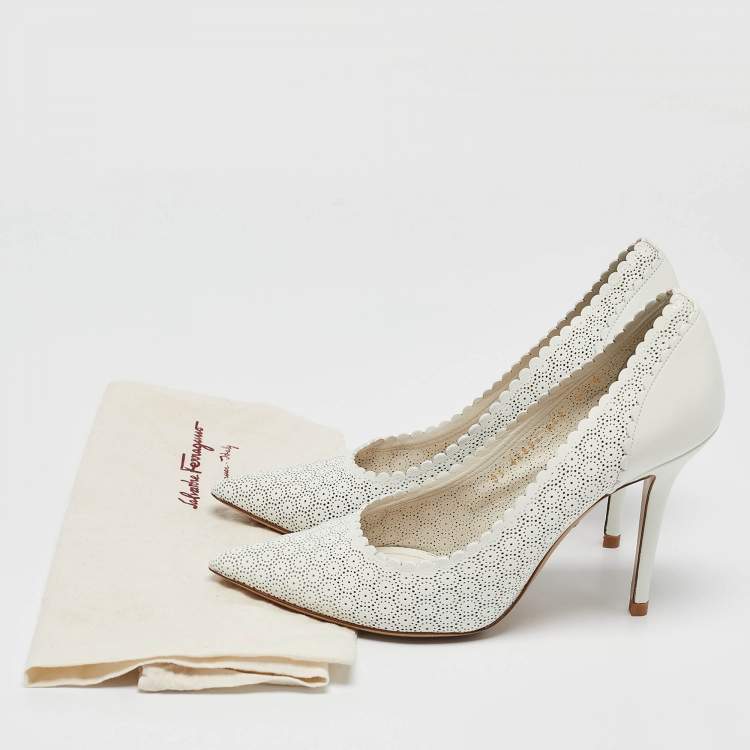 Pre Owned Salvatore Ferragamo White Laser Cut Leather Susi Pointed Toe Pumps Size 38