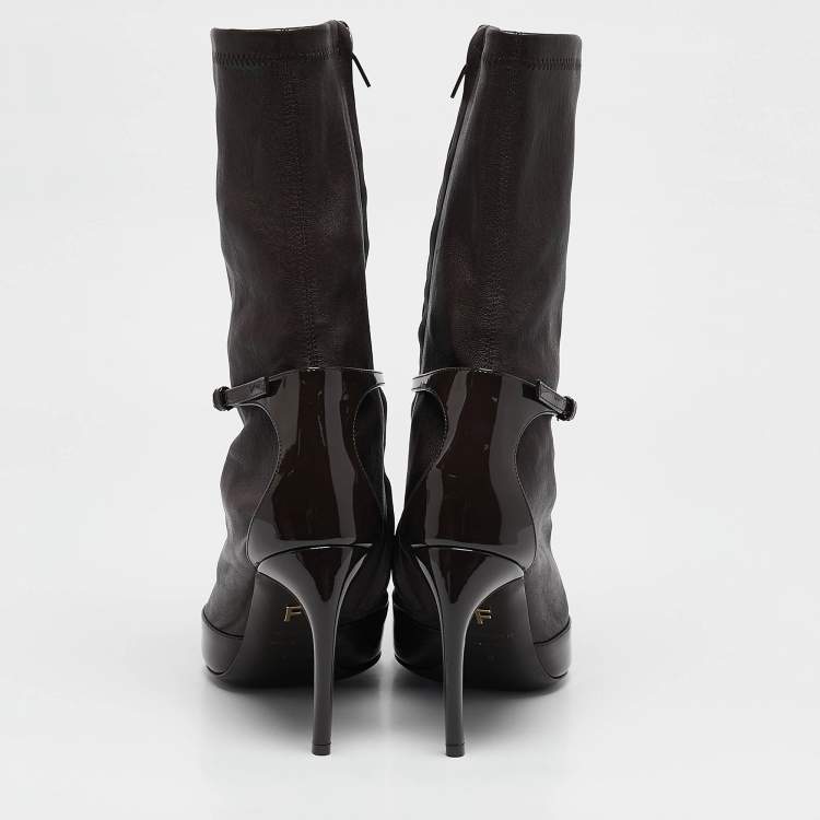 Pre Owned Salvatore Ferragamo Brown Leather and Patent Leather Mid Calf Boots Size 39.5