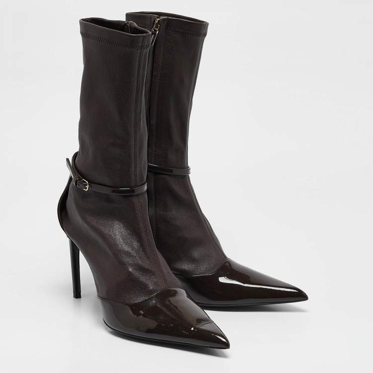 Pre Owned Salvatore Ferragamo Brown Leather and Patent Leather Mid Calf Boots Size 39.5