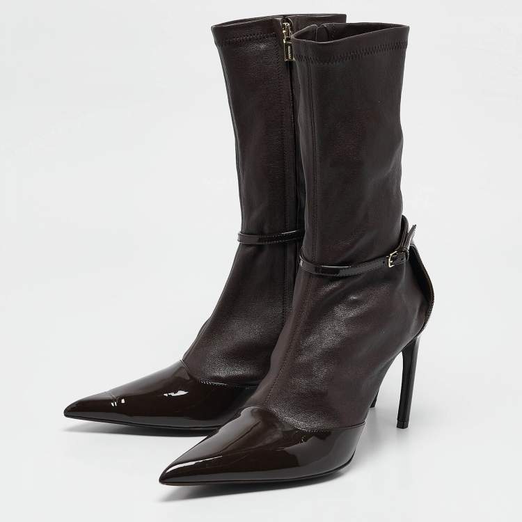 Pre Owned Salvatore Ferragamo Brown Leather and Patent Leather Mid Calf Boots Size 39.5