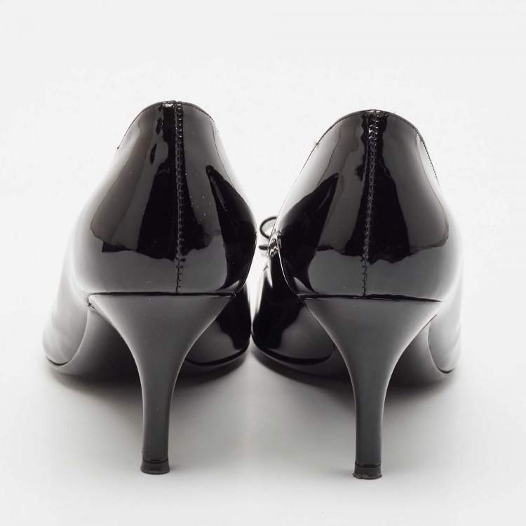 Pre Owned Salvatore Ferragamo Black Patent Leather Vara Bow Peep Toe Pumps Size 38