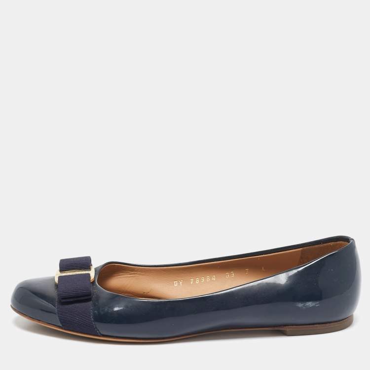 Pre Owned Salvatore Ferragamo Navy Blue Patent Leather Varina Ballet Flats Size 37.5